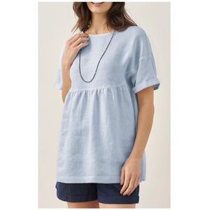 Lintico Women’s Linen Round Neck Pullover Pleated Babydoll Top in Blue Sz XXL